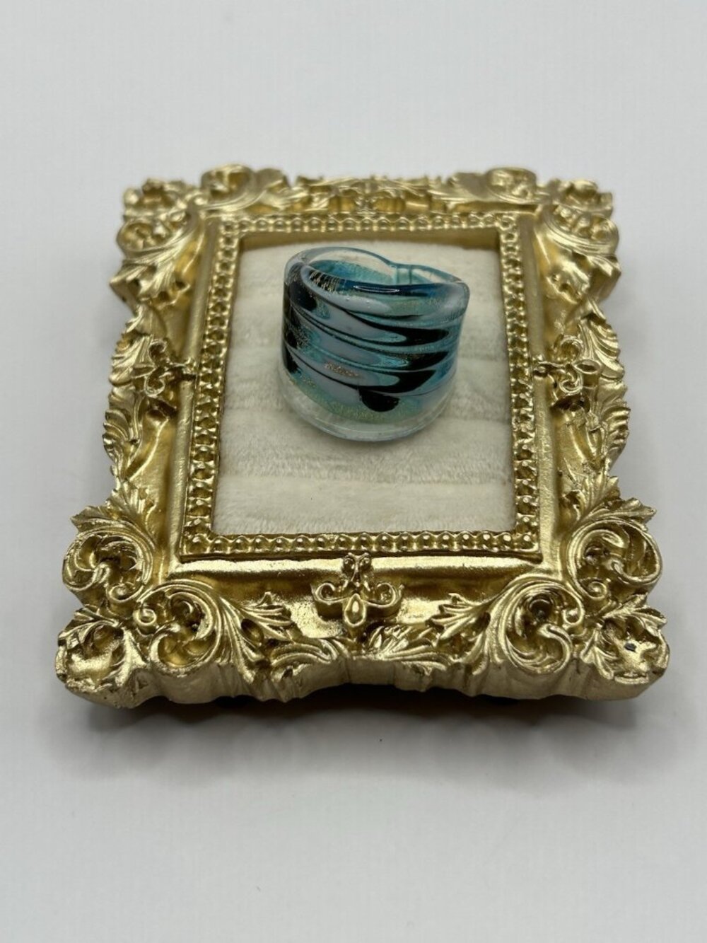 Murano Art Glass Ring Size 8 Blue Black Swirl Gold Fleck Chunky Statement Vntg